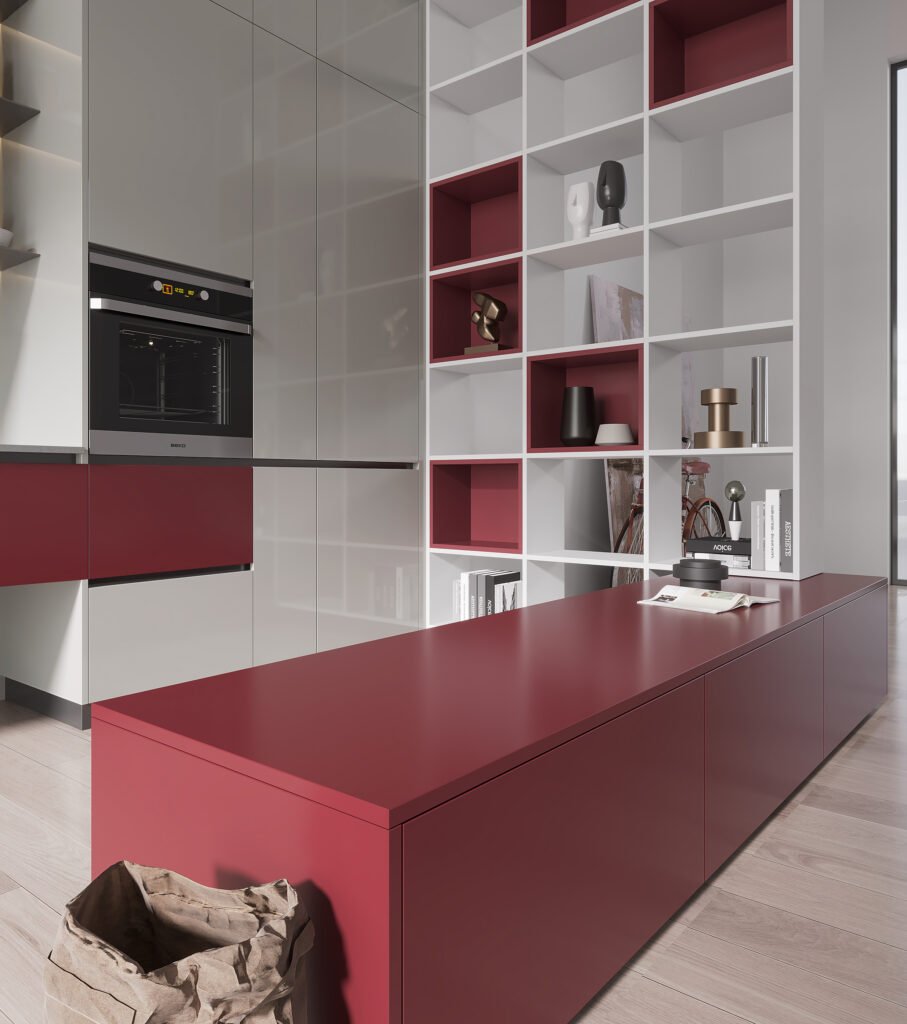Modern Grey Red Kitchen UAE | Partition Cabinet Design