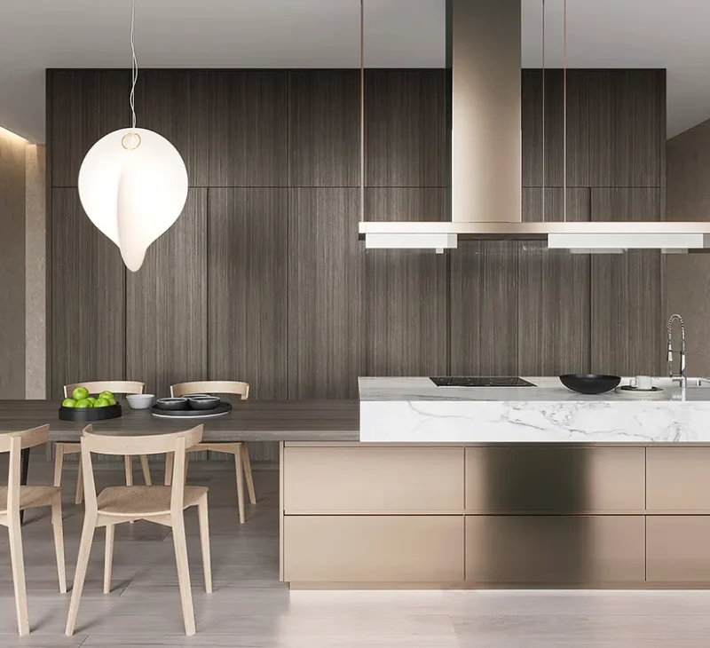 Grey Stained Kitchen Cabinets with Copper Island1