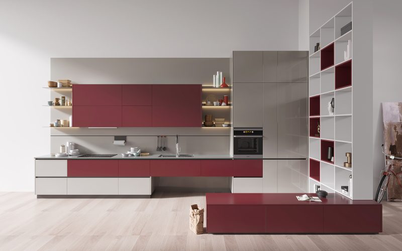 Grey and Red Kitchen Design with Partition Cabinets1