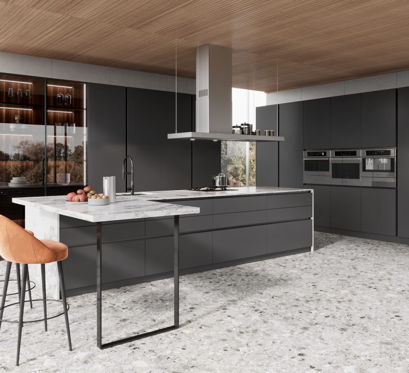 Medium Grey Lacquer Modern Kitchen Cabinets2